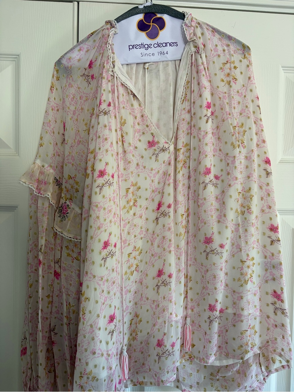 HEMANT & NANDITA Pink and Gold Floral Tie-Neck Blouse